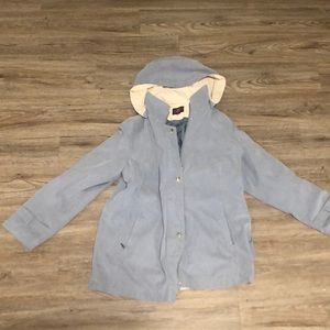 Blue and Beige Gallery Petite Button Up Jacket.